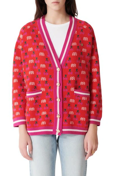Maje March Cherry Jacquard Cardigan In Red