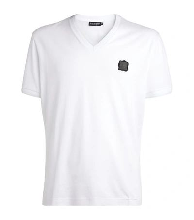Dolce & Gabbana V-neck Cotton T-shirt With Rubberized Logo Patch In White