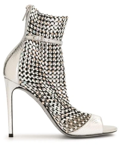 René Caovilla Galaxia Crystal-embellished Mesh And Metallic Watersnake Sandals In Silver