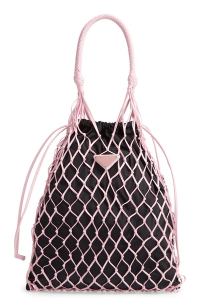 Prada Rete Top Handle Lambskin Drawstring Bag In Rosa Nero