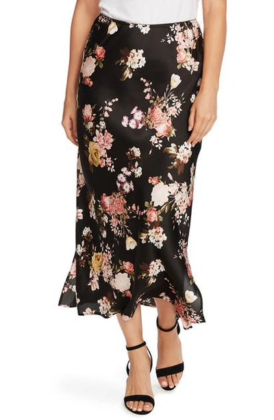Vince Camuto Beautiful Blooms Floral Satin Maxi Skirt In Rich Black