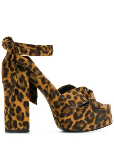 Saint Laurent Bianca Knotted Leopard Suede Platform Sandals In Oro