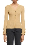 Sandro Ruffle Detail Ribbed Metallic Cardigan In Gold