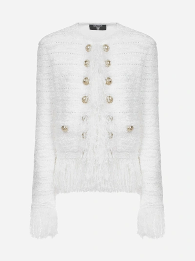 Balmain Fringed Tweed Blazer In White