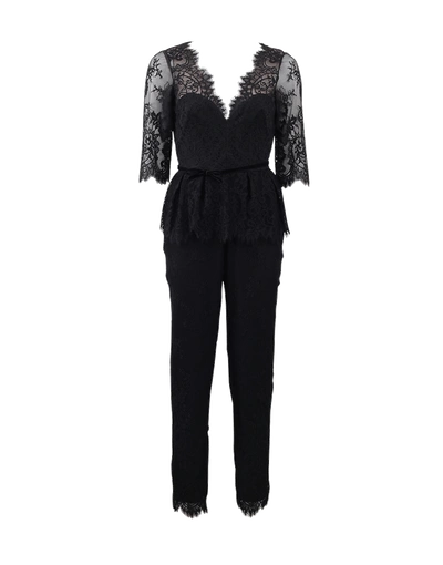 Marchesa Notte Belted Lace Jumpsuit In Black