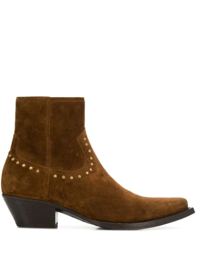 Saint Laurent Lukas Stud Detail Ankle Boots In Brown