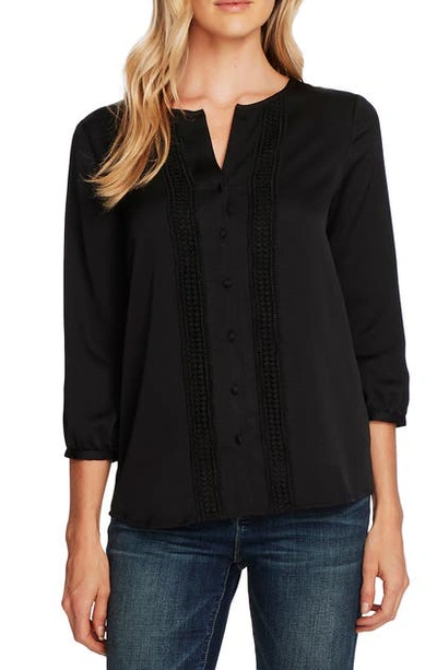 Vince Camuto Rumple Hammer Satin Lace-trimmed Blouse In 060-rich Black