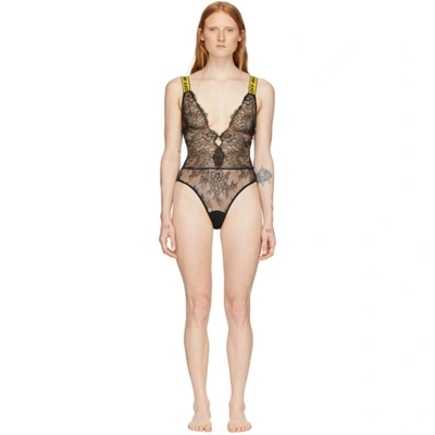 Off-white Ssense Exclusive Black Lace One-piece Bodysuit In Black/yello