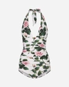 DOLCE & GABBANA ONE-PIECE SWIMSUIT WITH PLUNGING NECKLINE AND TROPICAL ROSE PRINT
