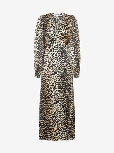 Ganni Leopard Print Silk Satin Wrap Dress