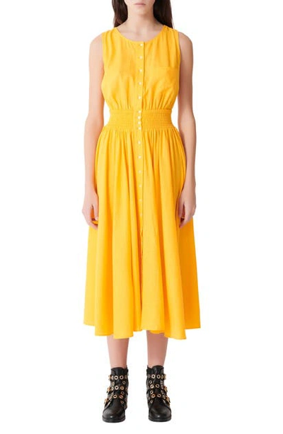 Maje Linen Blend Midi Dress In Yellow | ModeSens