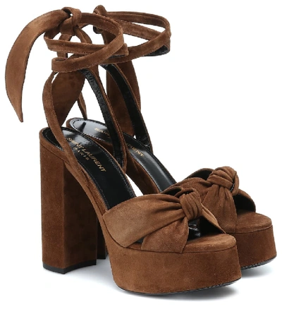 Saint Laurent Bianca Knotted Suede Platform Sandals In Brown