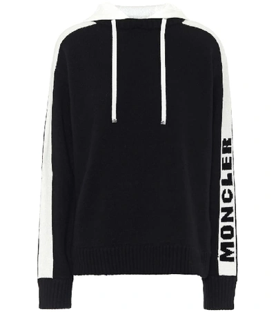 Moncler Ladies Intarsia-knit Logo Hoodie In Black/white, Size X-small