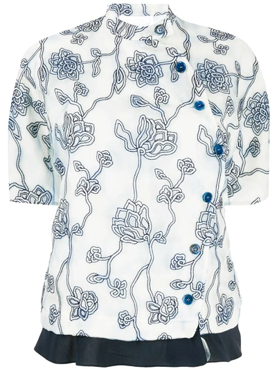 Chloé Flower Print Sheer-back Organza Blouse In Grey Blue