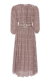 ALESSANDRA RICH HOUNDSTOOTH BELTED PLEATED SILK MIDI DRESS,788294