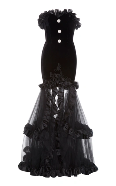 Alessandra Rich Ruffled Silk Satin-trimmed Crystal-embellished Velvet And Tulle Gown In Black
