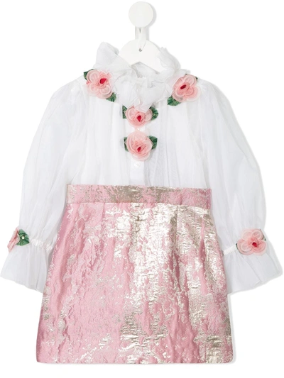 Dolce & Gabbana Kids' Rose Detail Contrast Skirt Dress In White