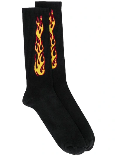 Palm Angels Cotton Blend Socks With Jacquard Flames In Black
