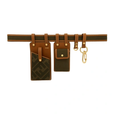 Fendi Brown & Green Canvas Multi Pockets Belt Bag In F1891 Khaki
