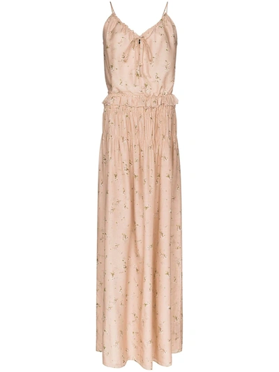 Amiri Shirred Floral-print Cotton And Silk-blend Voile Maxi Dress In Neutrals