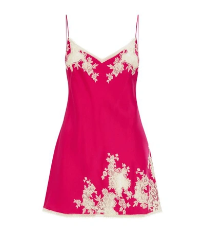 Carine Gilson Chantilly Lace-trimmed Silk-satin Nightdress In Bright Pink