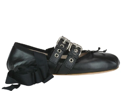 Miu Miu Black Leather Double Buckle Ballerina Flats
