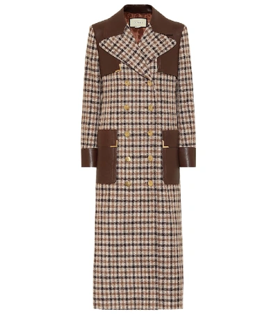 Gucci Leather-panel Double-breasted Check Coat In Brown
