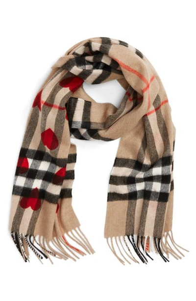 Burberry The Classic Cashmere Scarf In Check And Hearts In Parade Red