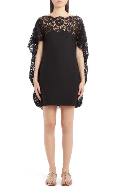 Valentino Cape-style Lace-embellished Dress In Black