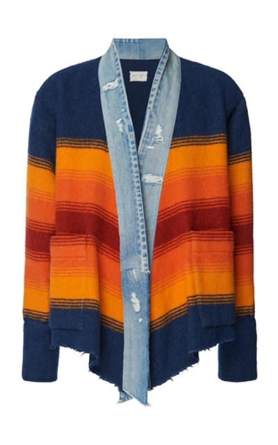 Greg Lauren Boxy Kimono Studio Distressed Denim-trimmed Striped Wool-blend Jacket In Multicolour