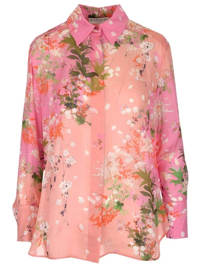 Givenchy Floral Print Two-tone Silk Blouse In Pink