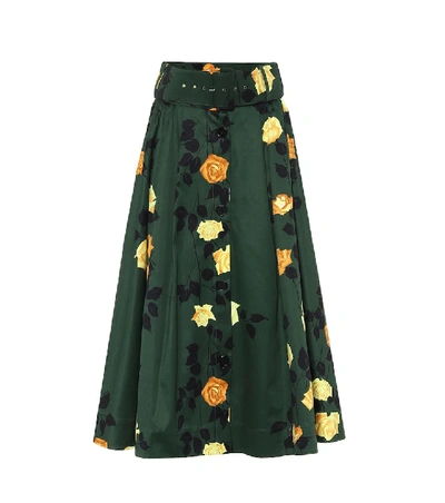 Msgm Belted Floral-print Cotton-twill Midi Skirt In Dark Green