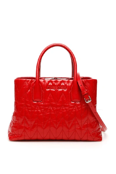 Miu Miu Quilted Shine Calfskin Tote Bag In Red