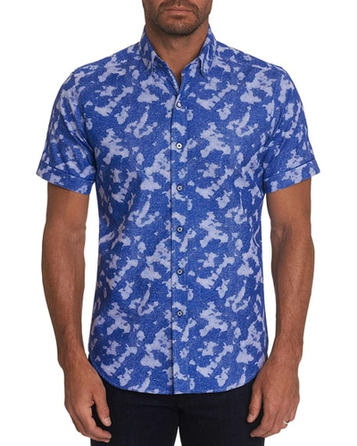 Robert Graham Ward Camo Jacquard Short Sleeve Button-up Shirt In Blue