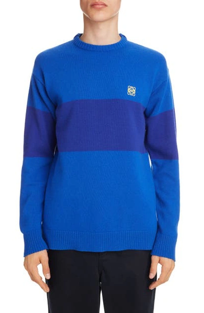 Loewe Anagram Embroidered Stripe Wool Sweater In Blue/ Electric Blue