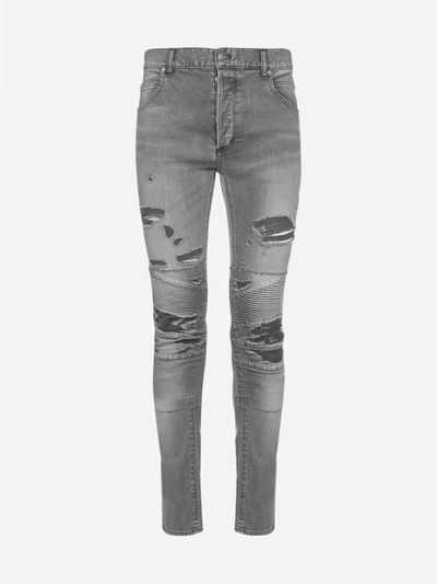 Balmain Distressed Slim-fit Jeans In Grey