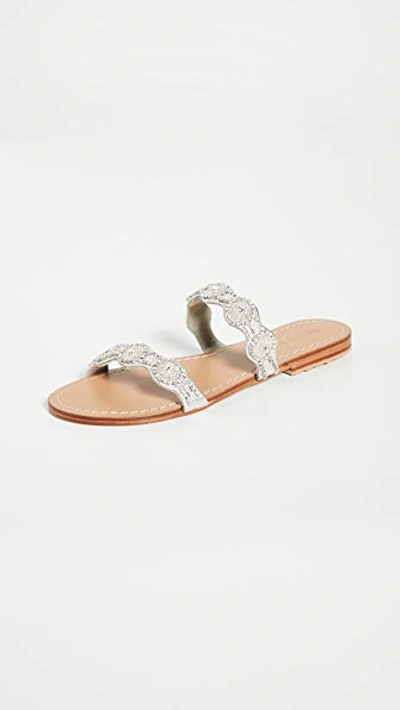 Mystique Double Strap Crystal Embroidered Slides In Silver/clear