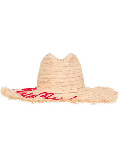 Miu Miu Embroidered Logo Hat In Tan/red