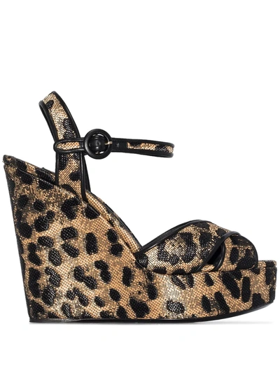 Dolce & Gabbana Leopard-print Canvas Wedge Sandals In Brown