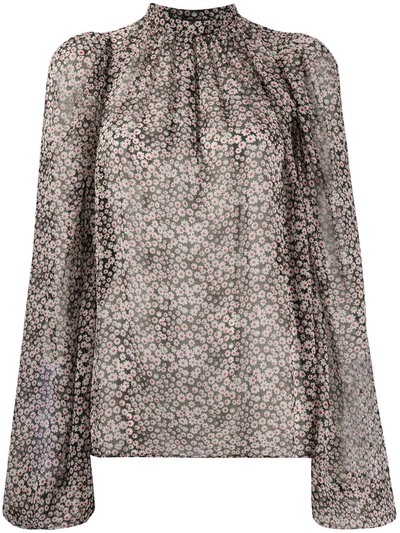 Rochas Band-collar Floral-print Blouse In Black