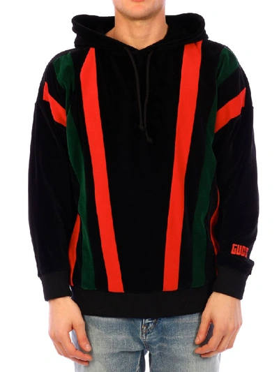 Gucci Felpa Hooded Striped-chenille Sweatshirt In Black