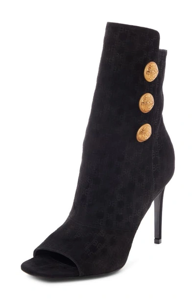 Balmain Oslo Button-detailed Flocked Leather Ankle Boots In Black