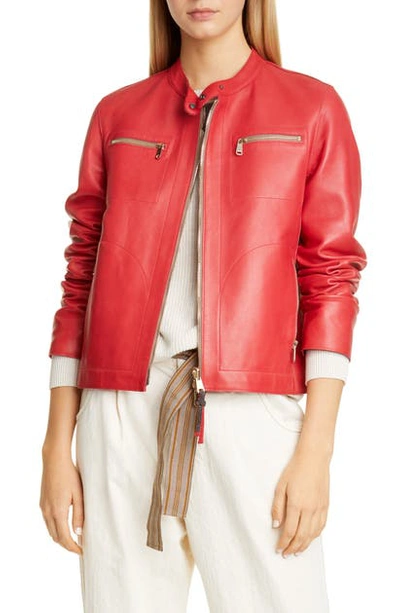 Brunello Cucinelli Leather Racer Jacket In Rosso