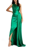 Mac Duggal One-shoulder Faux Wrap Satin Gown In Emerald