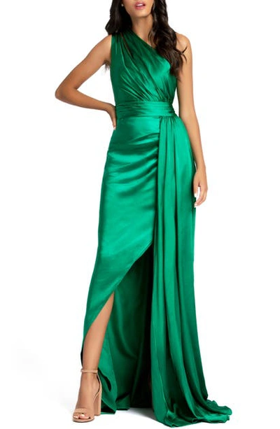 Mac Duggal One-shoulder Faux Wrap Satin Gown In Emerald