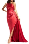 Mac Duggal One-shoulder Faux Wrap Satin Gown In Ruby