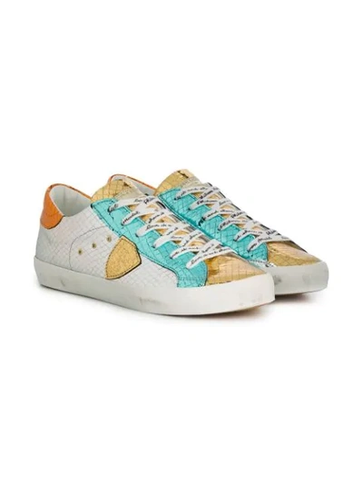 Philippe Model Kids' Logo Lace-up Croc-embossed Trainers In Metallic