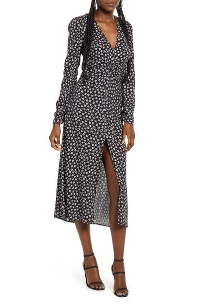 Afrm Madsen Ruched Long Sleeve Midi Dress In Noir Daisy Ditsy