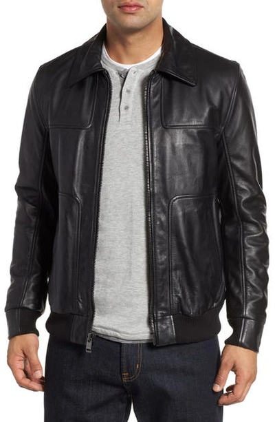 Andrew Marc Vaughn Shirt Collar Leather Bomber Jacket In Black