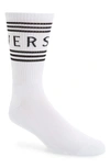 Versace White And Black Logo Stripe Intarsia Cotton Blend Socks In Bianco-nero